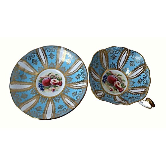 Paragon Tea Cup and Saucer Blue With Gold & Fruit England Teacup - Picture 4 of 7